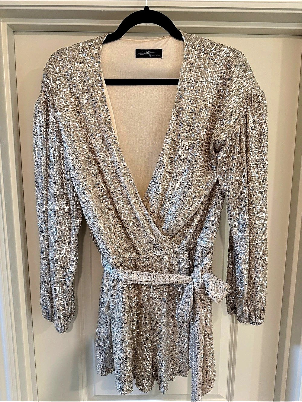 another girl Sequin Wrap Mini Romper in Silver & Gold Size Large Like New